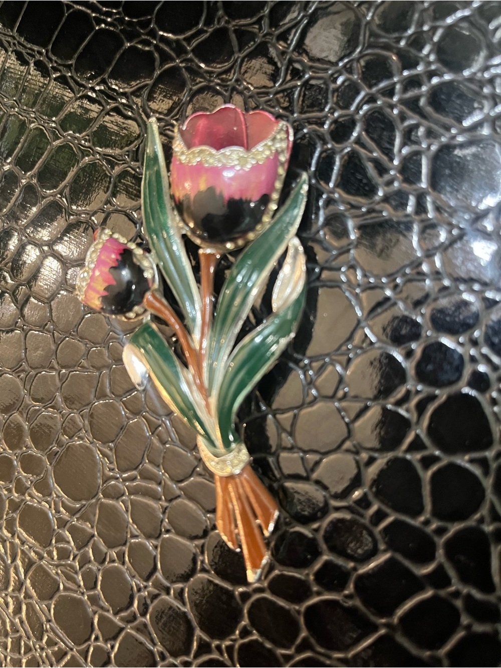 Beautiful Figural Coro Attr. Enameled Double Tulip Vintage Brooch